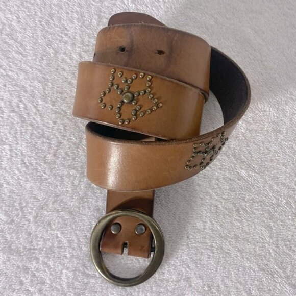 Bluenotes Accessories - Vintage Bluenotes Brown Leather Boho Belt With Brass Tone Flowers